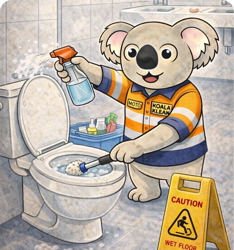 Cartoon koala cleaning a toilet with a spray bottle and brush.