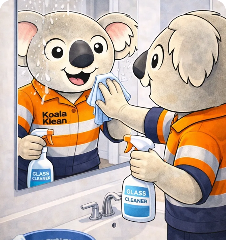 A koala mascot cleaning a mirror with spray and cloth.
