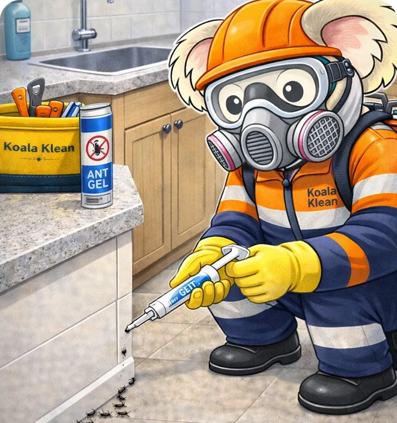 Koala in safety gear disinfects a kitchen with a sprayer.