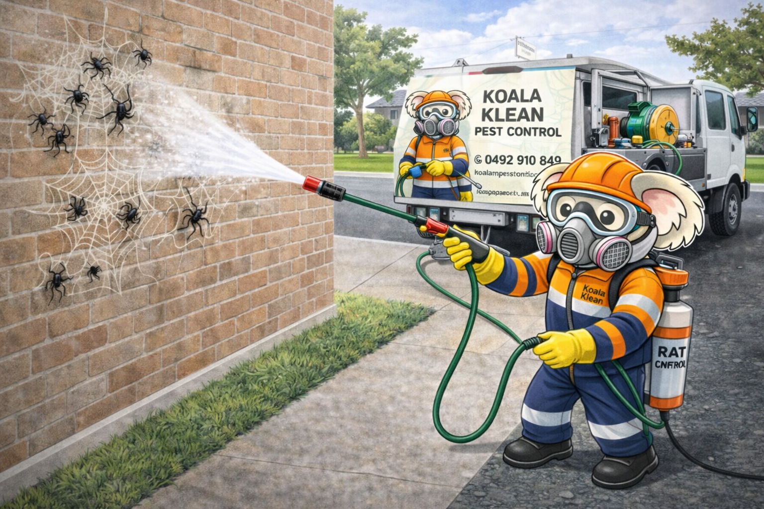 Two mascots in koala costumes spray water on a brick wall for cleaning.