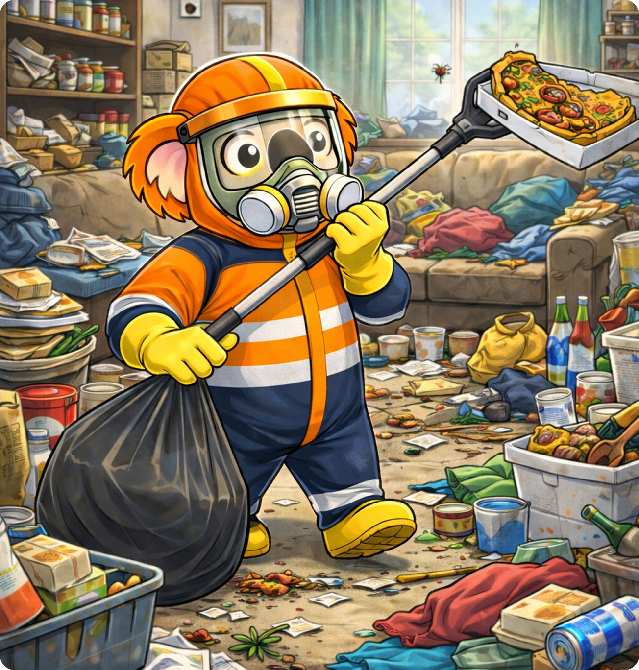 Koala in hazmat suit cleaning messy room