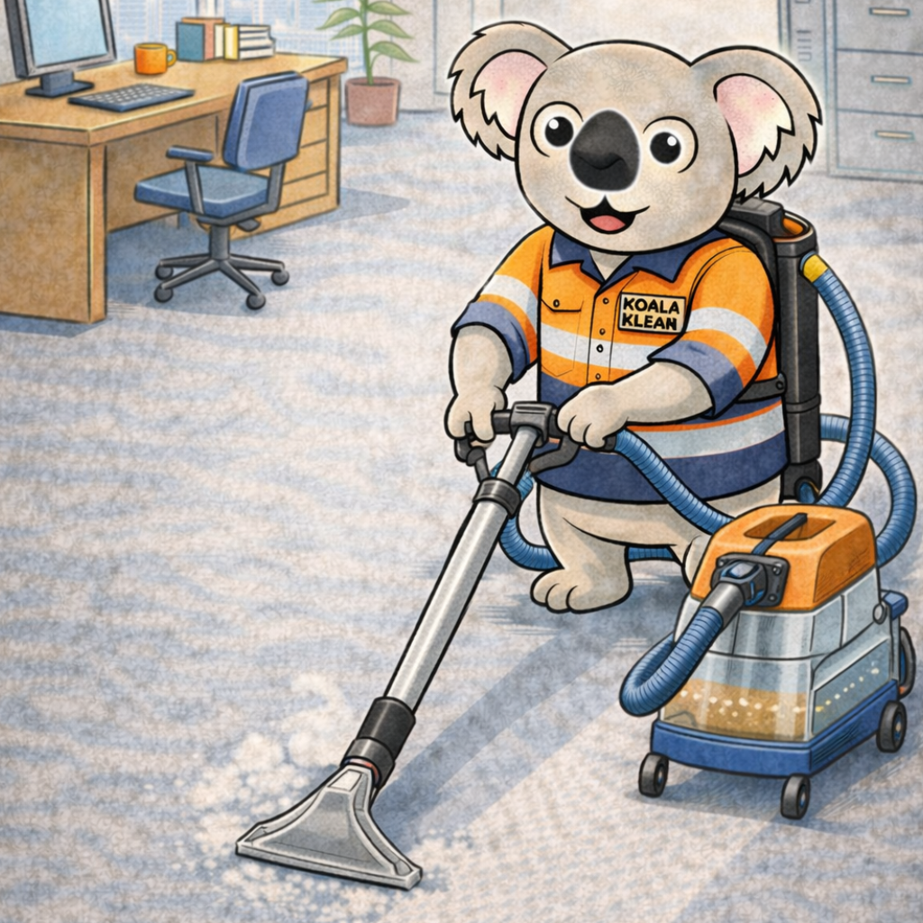 Koala in a vest vacuuming an office carpet.