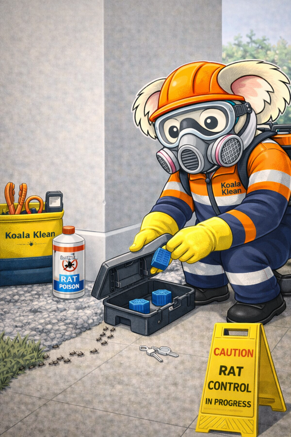 A koala in safety gear fixing a device indoors.