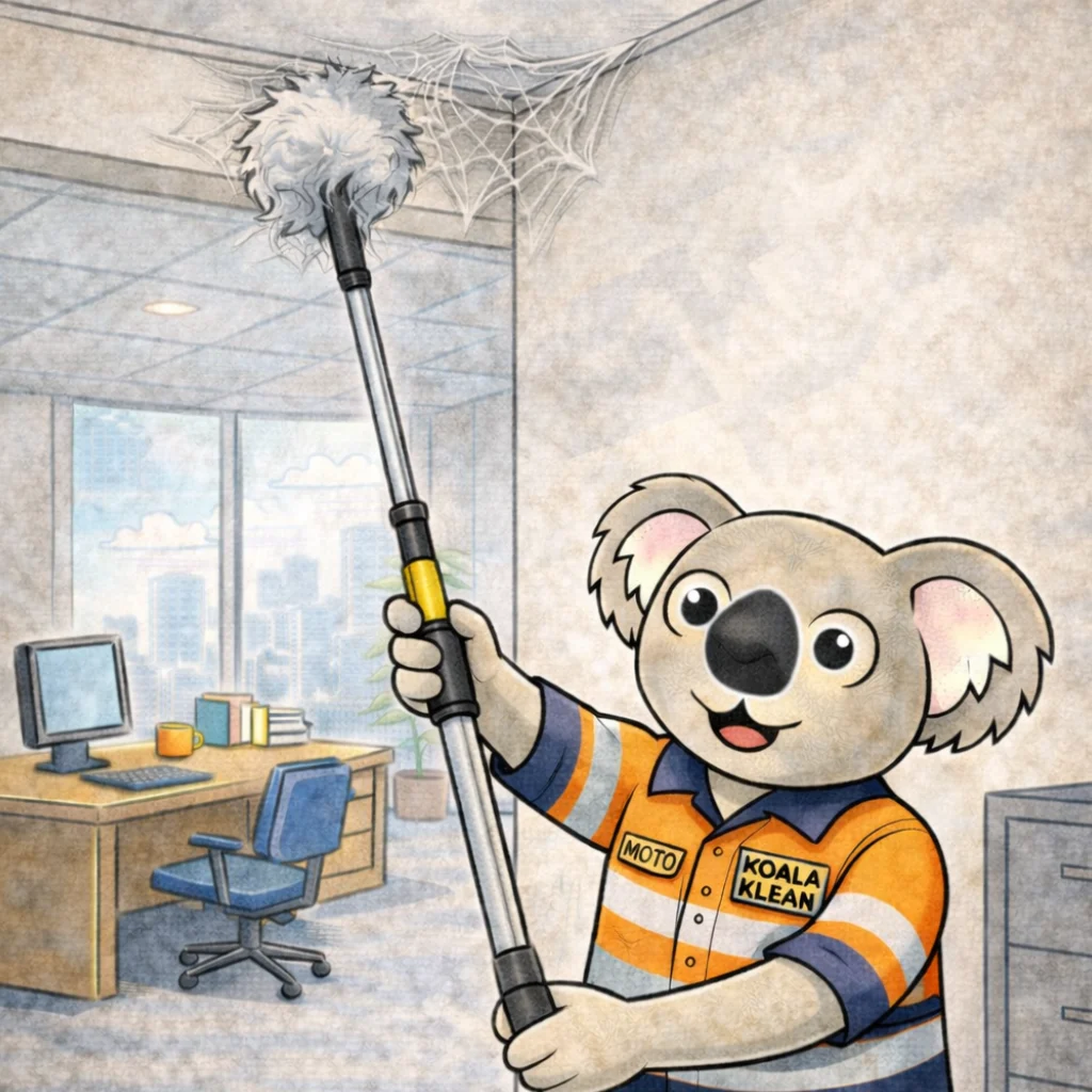 Cartoon koala cleaning a ceiling with a duster in an office.