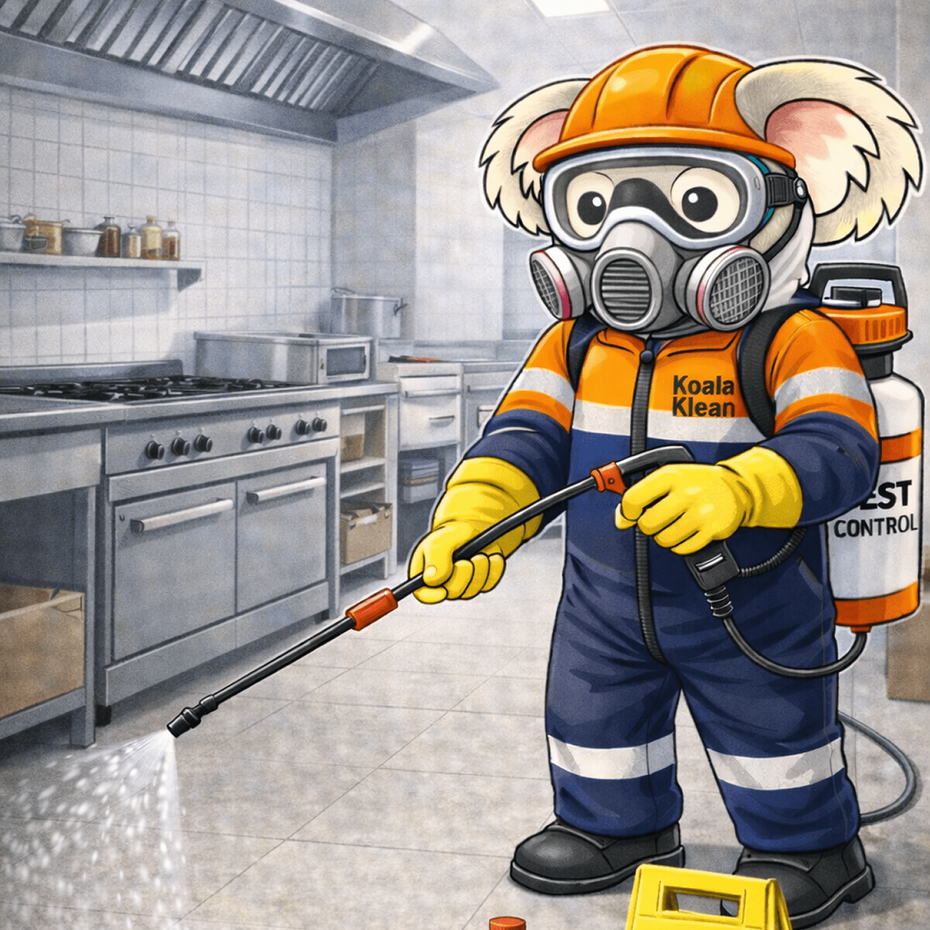 Cartoon koala pest control scene