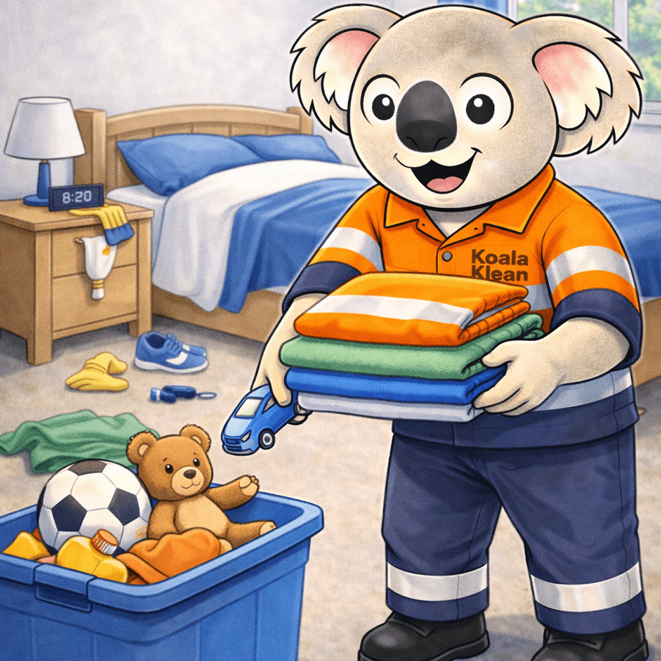 Koala with folded clothes and toys