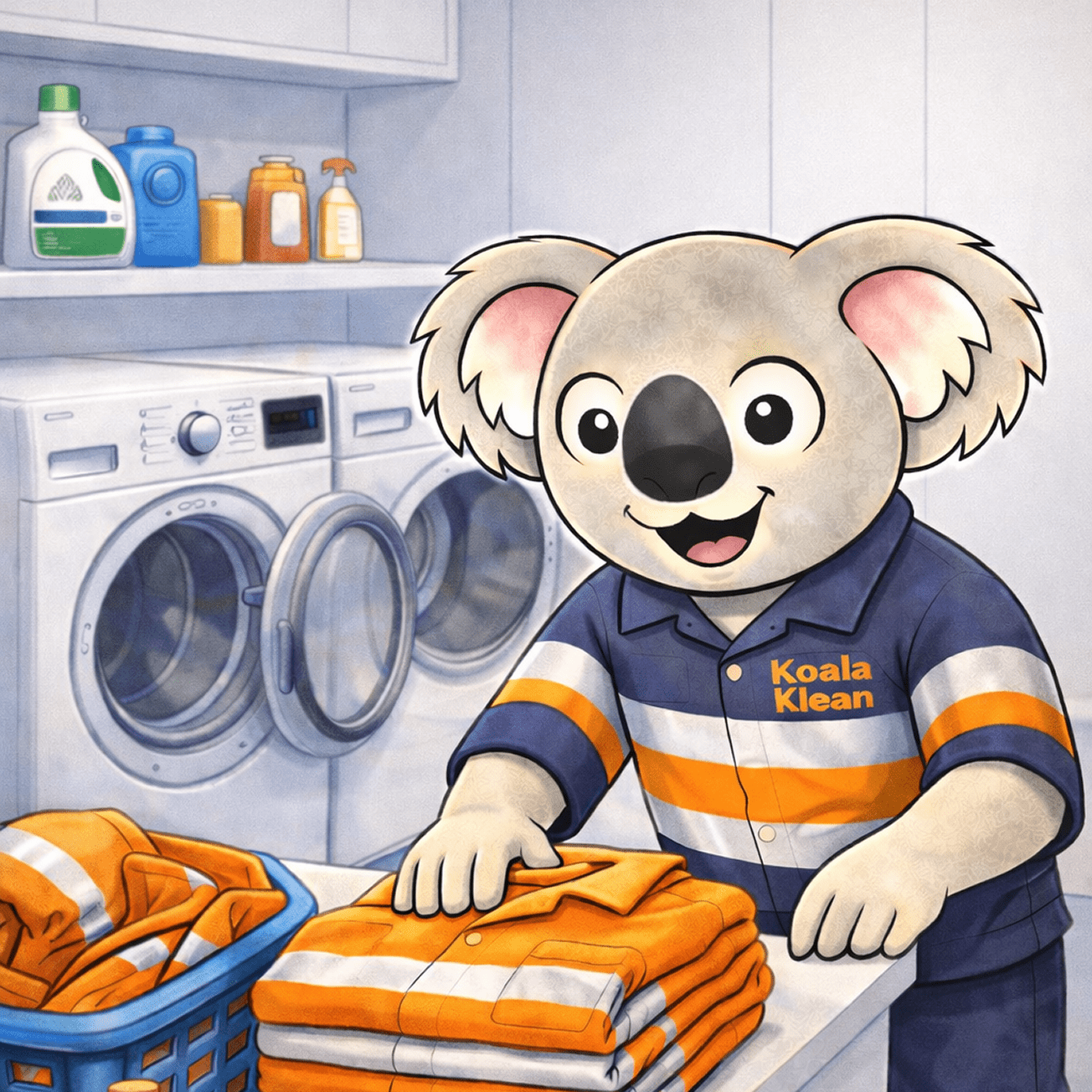 Koala mascot folding laundry