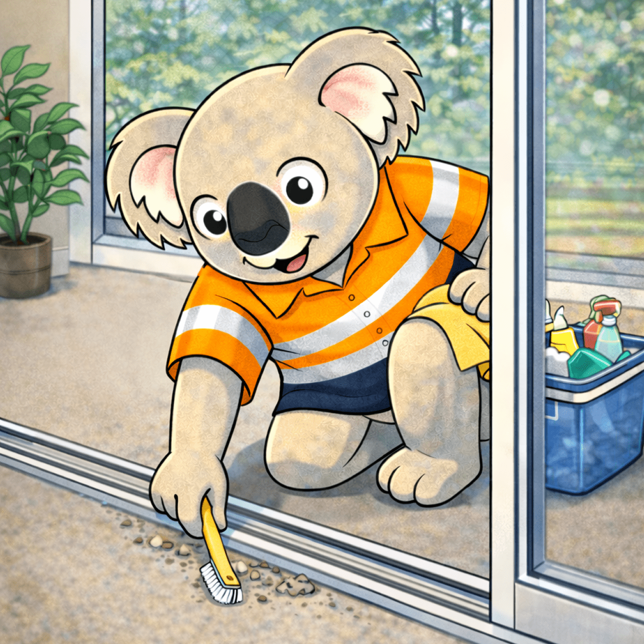 Koala cleaning sliding door track with brush.