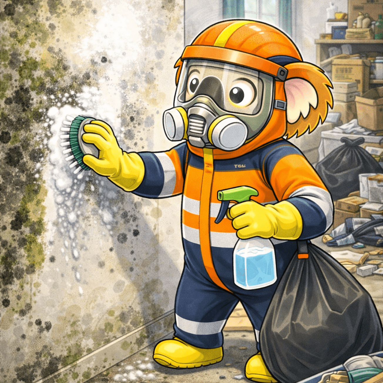 Koala removes mold with brush and spray