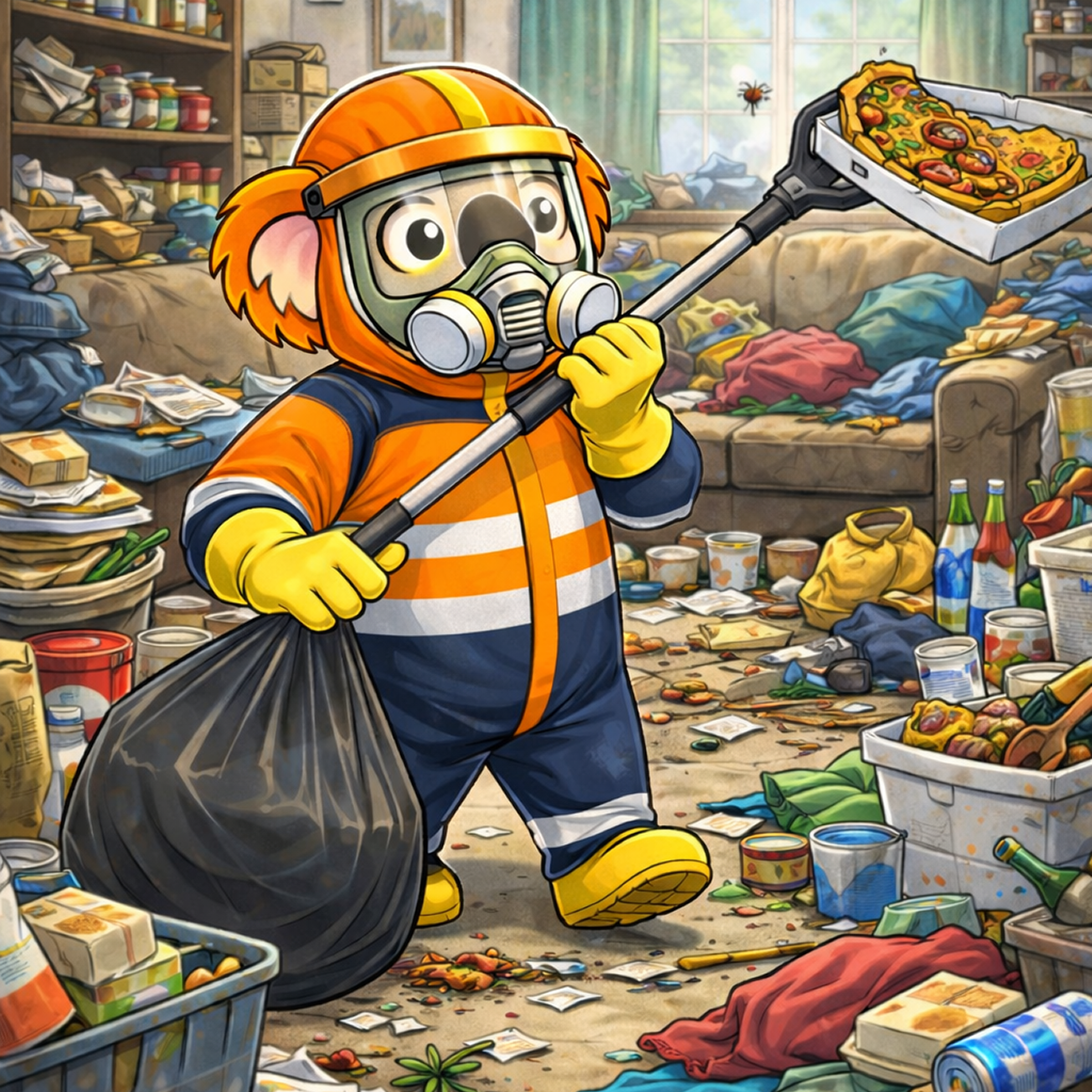 Koala in hazmat suit cleaning messy room